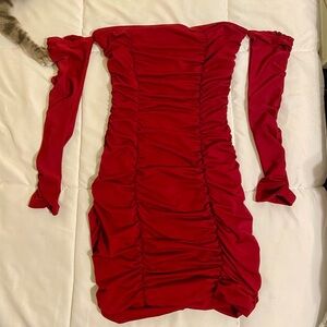 SHEIN Red Ruched Long Sleeve Dress